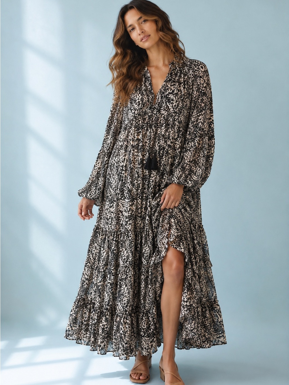 FORE Flowy Paisley Maxi Dress | Tiered Boho Peasant Cottagecore Dress